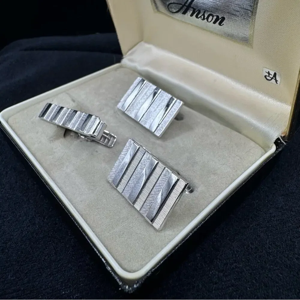 Vintage 60's Silver Tone Bar Anson Cufflinks and Tie Clip Set in Original Box